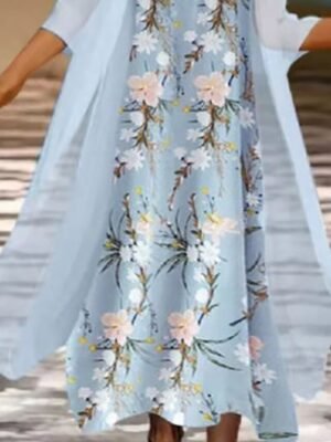 Elegant Midi Floral Crew Neck 3/4 Sleeve Dress Set - Image 5