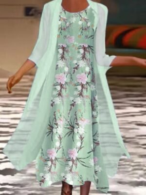 Elegant Midi Floral Crew Neck 3/4 Sleeve Dress Set - Image 6