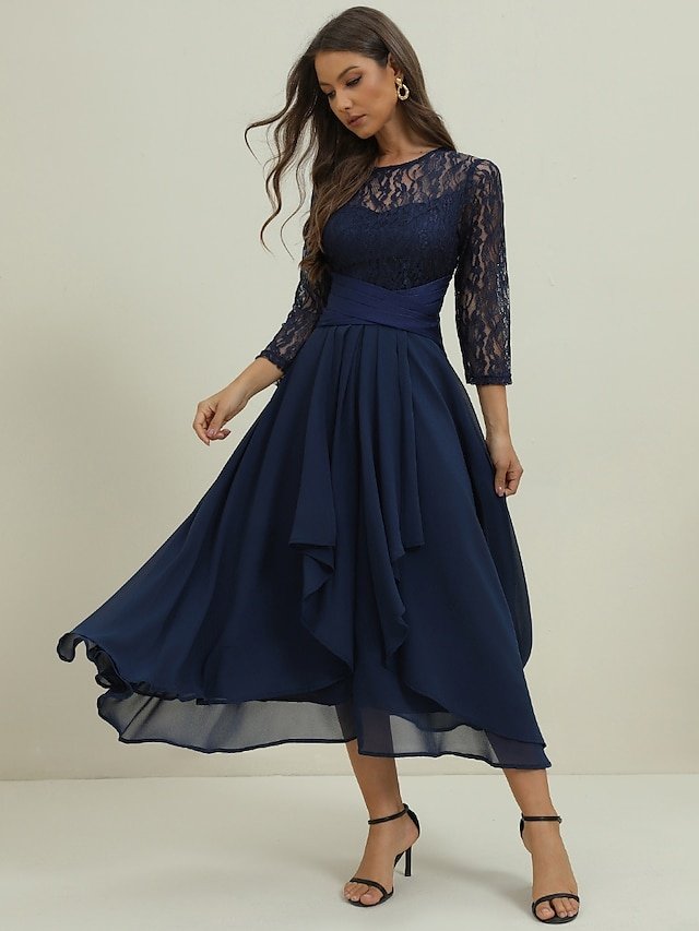 Elegant Midi Lace Patchwork Crew Neck 3/4 Sleeve Dress - Image 1