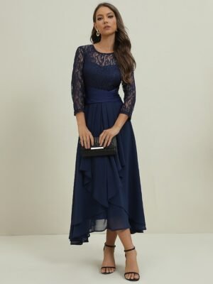 Elegant Midi Lace Patchwork Crew Neck 3/4 Sleeve Dress - Image 10