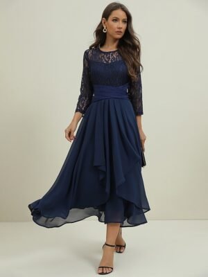 Elegant Midi Lace Patchwork Crew Neck 3/4 Sleeve Dress - Image 11