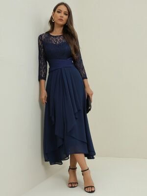 Elegant Midi Lace Patchwork Crew Neck 3/4 Sleeve Dress - Image 3