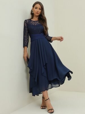 Elegant Midi Lace Patchwork Crew Neck 3/4 Sleeve Dress - Image 4