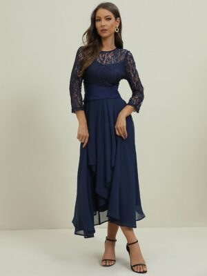 Elegant Midi Lace Patchwork Crew Neck 3/4 Sleeve Dress - Image 8