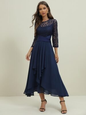 Elegant Midi Lace Patchwork Crew Neck 3/4 Sleeve Dress - Image 9