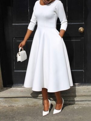 Elegant Midi Pocket Crew Neck 3/4 Sleeve Dress - Image 1