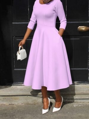 Elegant Midi Pocket Crew Neck 3/4 Sleeve Dress - Image 11