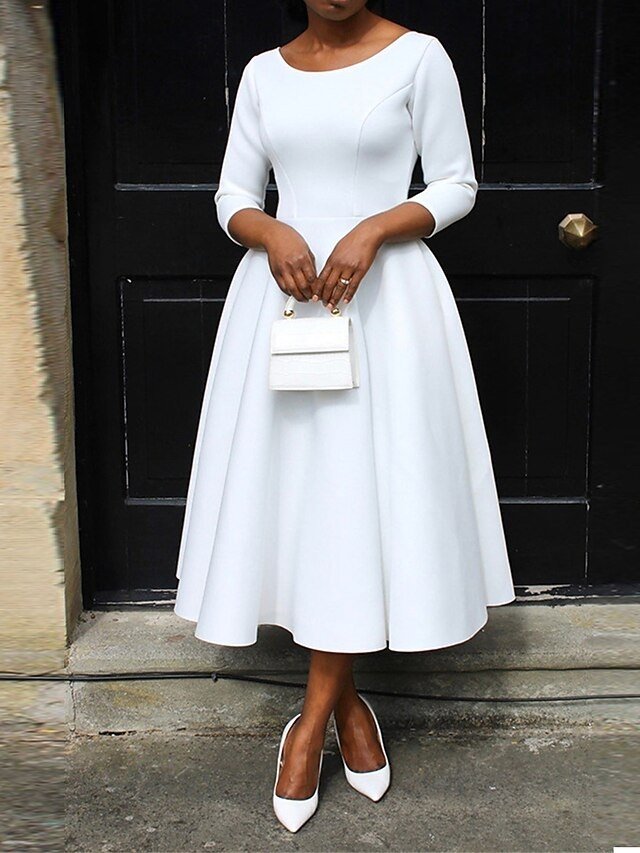 Elegant Midi Pocket Crew Neck 3/4 Sleeve Dress - Image 2