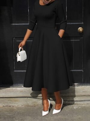 Elegant Midi Pocket Crew Neck 3/4 Sleeve Dress - Image 3