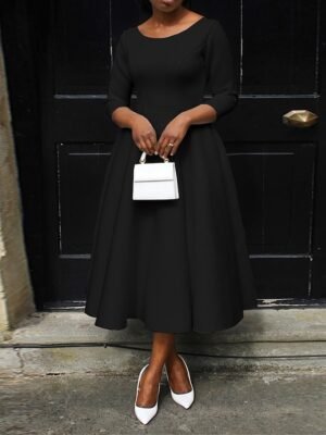 Elegant Midi Pocket Crew Neck 3/4 Sleeve Dress - Image 4