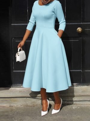Elegant Midi Pocket Crew Neck 3/4 Sleeve Dress - Image 5