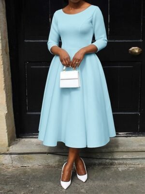 Elegant Midi Pocket Crew Neck 3/4 Sleeve Dress - Image 6