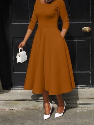 Elegant Midi Pocket Crew Neck 3/4 Sleeve Dress - Image 7