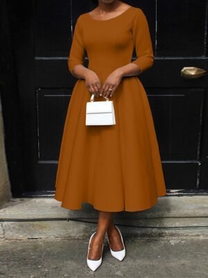 Elegant Midi Pocket Crew Neck 3/4 Sleeve Dress - Image 8