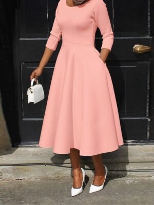 Elegant Midi Pocket Crew Neck 3/4 Sleeve Dress - Image 9