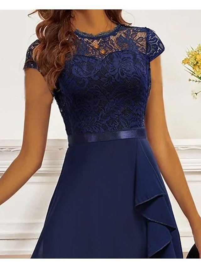 Elegant Midi Pure Colour Crew Neck Short Sleeve Lace Dress - Image 2