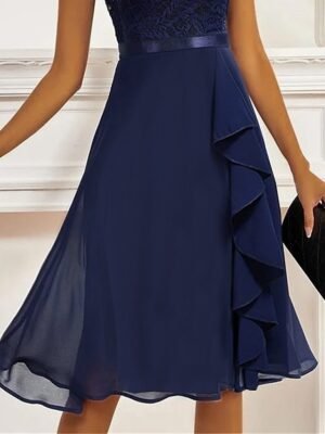 Elegant Midi Pure Colour Crew Neck Short Sleeve Lace Dress - Image 3