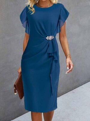 Elegant Midi Solid Ruffle Crew Neck Short Sleeve Dress - Image 1