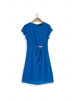 Elegant Midi Solid Ruffle Crew Neck Short Sleeve Dress - Image 8