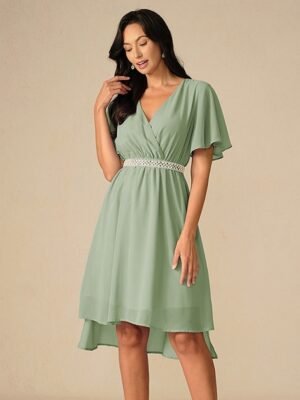 Elegant Midi V Neck Short Flounce Sleeve Chiffon Wedding Guest Dress - Image 1