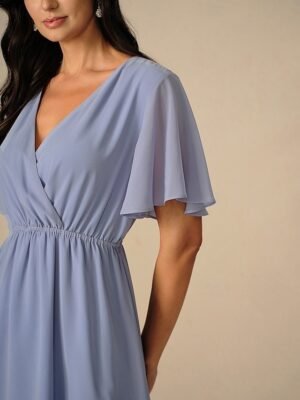 Elegant Midi V Neck Short Flounce Sleeve Chiffon Wedding Guest Dress - Image 10