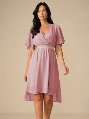 Elegant Midi V Neck Short Flounce Sleeve Chiffon Wedding Guest Dress - Image 12