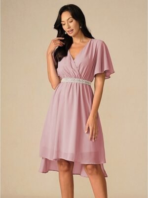 Elegant Midi V Neck Short Flounce Sleeve Chiffon Wedding Guest Dress - Image 13