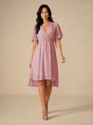 Elegant Midi V Neck Short Flounce Sleeve Chiffon Wedding Guest Dress - Image 15