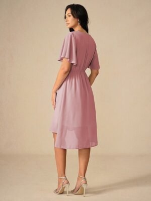 Elegant Midi V Neck Short Flounce Sleeve Chiffon Wedding Guest Dress - Image 16