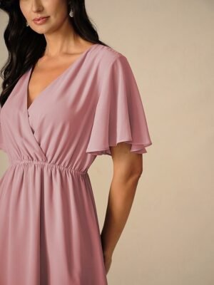 Elegant Midi V Neck Short Flounce Sleeve Chiffon Wedding Guest Dress - Image 17