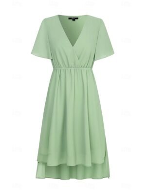 Elegant Midi V Neck Short Flounce Sleeve Chiffon Wedding Guest Dress - Image 18