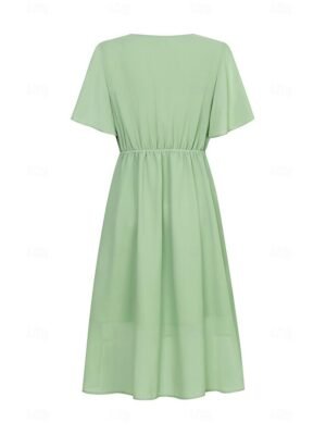 Elegant Midi V Neck Short Flounce Sleeve Chiffon Wedding Guest Dress - Image 19