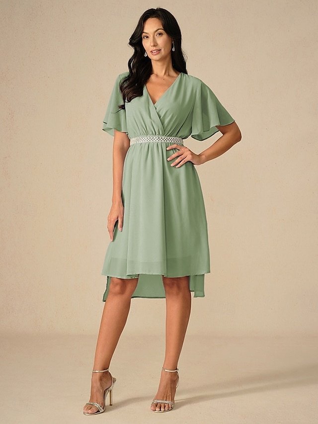Elegant Midi V Neck Short Flounce Sleeve Chiffon Wedding Guest Dress - Image 2