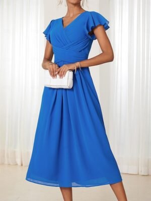 Elegant Midi V Neck Short Flounce Sleeve Chiffon Wedding Guest Dress - Image 28