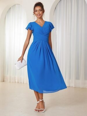 Elegant Midi V Neck Short Flounce Sleeve Chiffon Wedding Guest Dress - Image 29