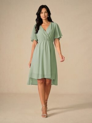 Elegant Midi V Neck Short Flounce Sleeve Chiffon Wedding Guest Dress - Image 3