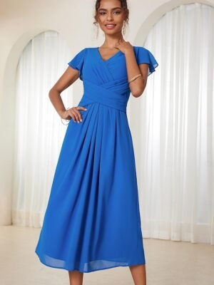 Elegant Midi V Neck Short Flounce Sleeve Chiffon Wedding Guest Dress - Image 31
