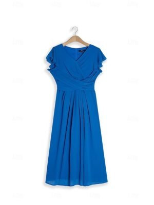 Elegant Midi V Neck Short Flounce Sleeve Chiffon Wedding Guest Dress - Image 34