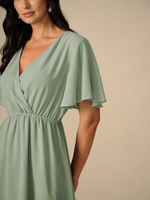 Elegant Midi V Neck Short Flounce Sleeve Chiffon Wedding Guest Dress - Image 4