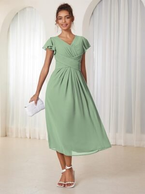 Elegant Midi V Neck Short Flounce Sleeve Chiffon Wedding Guest Dress - Image 42