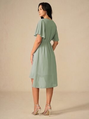 Elegant Midi V Neck Short Flounce Sleeve Chiffon Wedding Guest Dress - Image 6