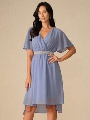 Elegant Midi V Neck Short Flounce Sleeve Chiffon Wedding Guest Dress - Image 7