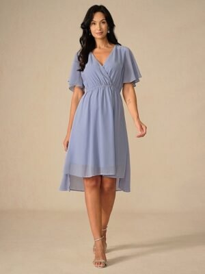 Elegant Midi V Neck Short Flounce Sleeve Chiffon Wedding Guest Dress - Image 9