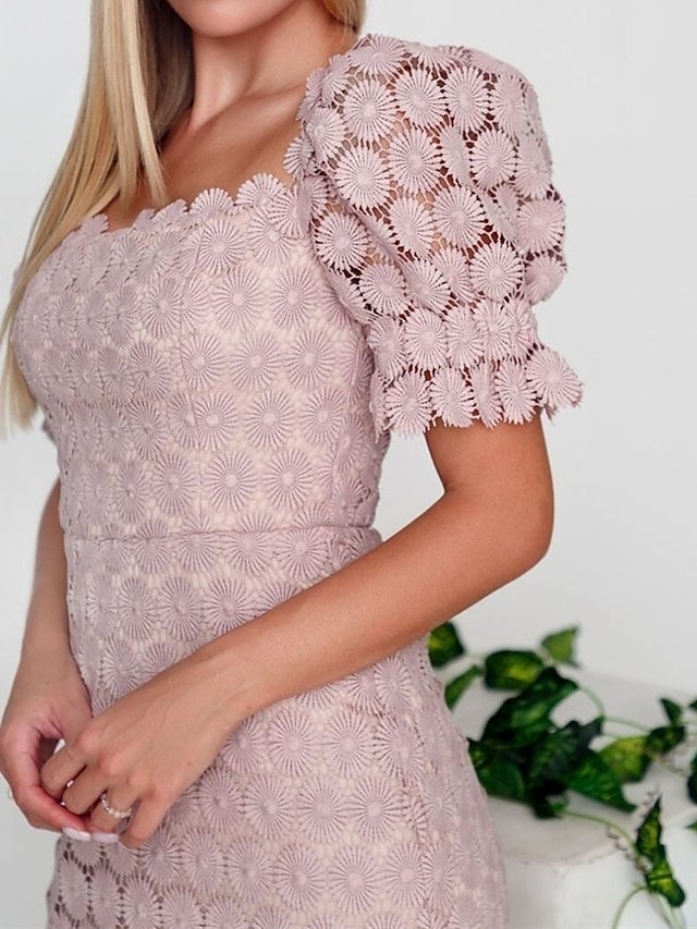 Elegant Midi White Lace Square Neck Short Sleeve Wedding Dress - Image 11