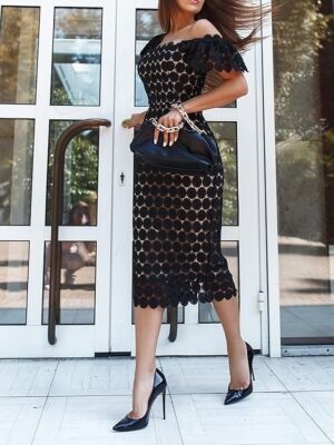 Elegant Midi White Lace Square Neck Short Sleeve Wedding Dress - Image 6