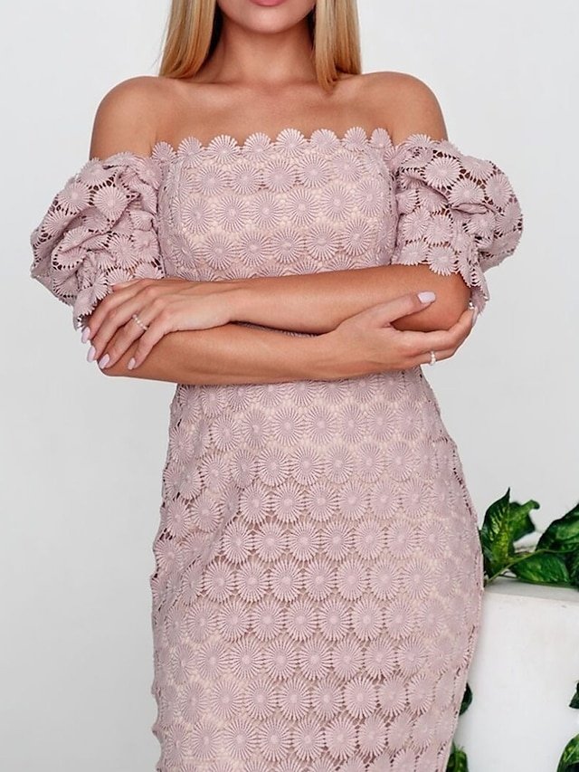 Elegant Midi White Lace Square Neck Short Sleeve Wedding Dress - Image 9