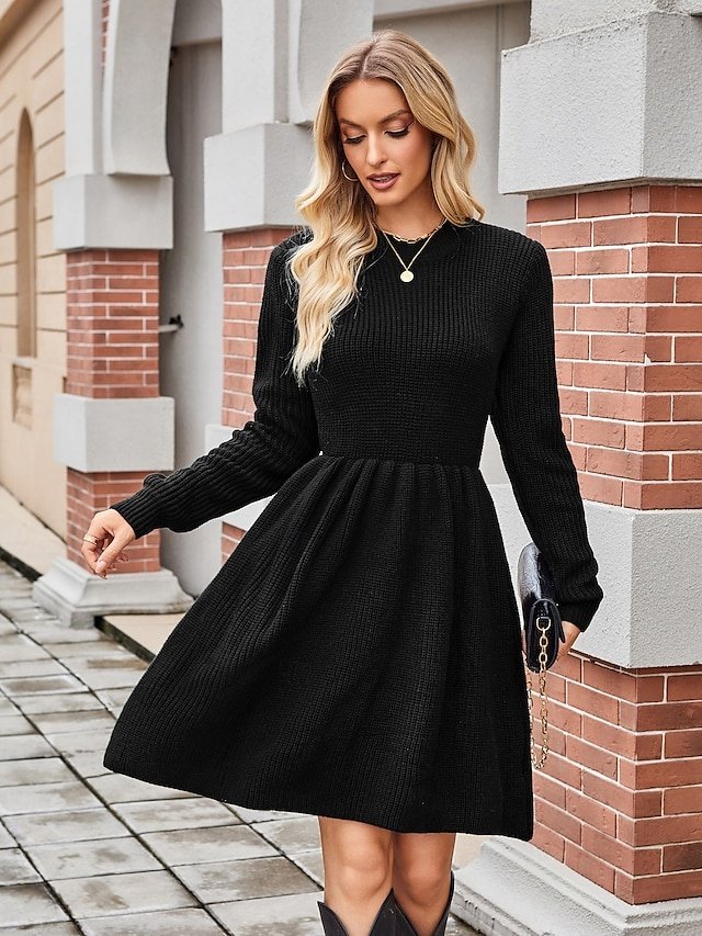 Elegant Mini Solid Crew Neck Long Sleeve Sweater Dress - Image 1