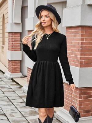 Elegant Mini Solid Crew Neck Long Sleeve Sweater Dress - Image 3