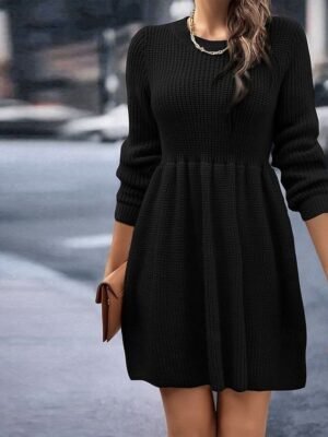 Elegant Mini Solid Crew Neck Long Sleeve Sweater Dress - Image 6