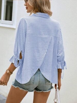 Elegant Modern Striped Shirt Collar 3/4 Length Ruffle Sleeve Asymmetric Shirt - Image 1